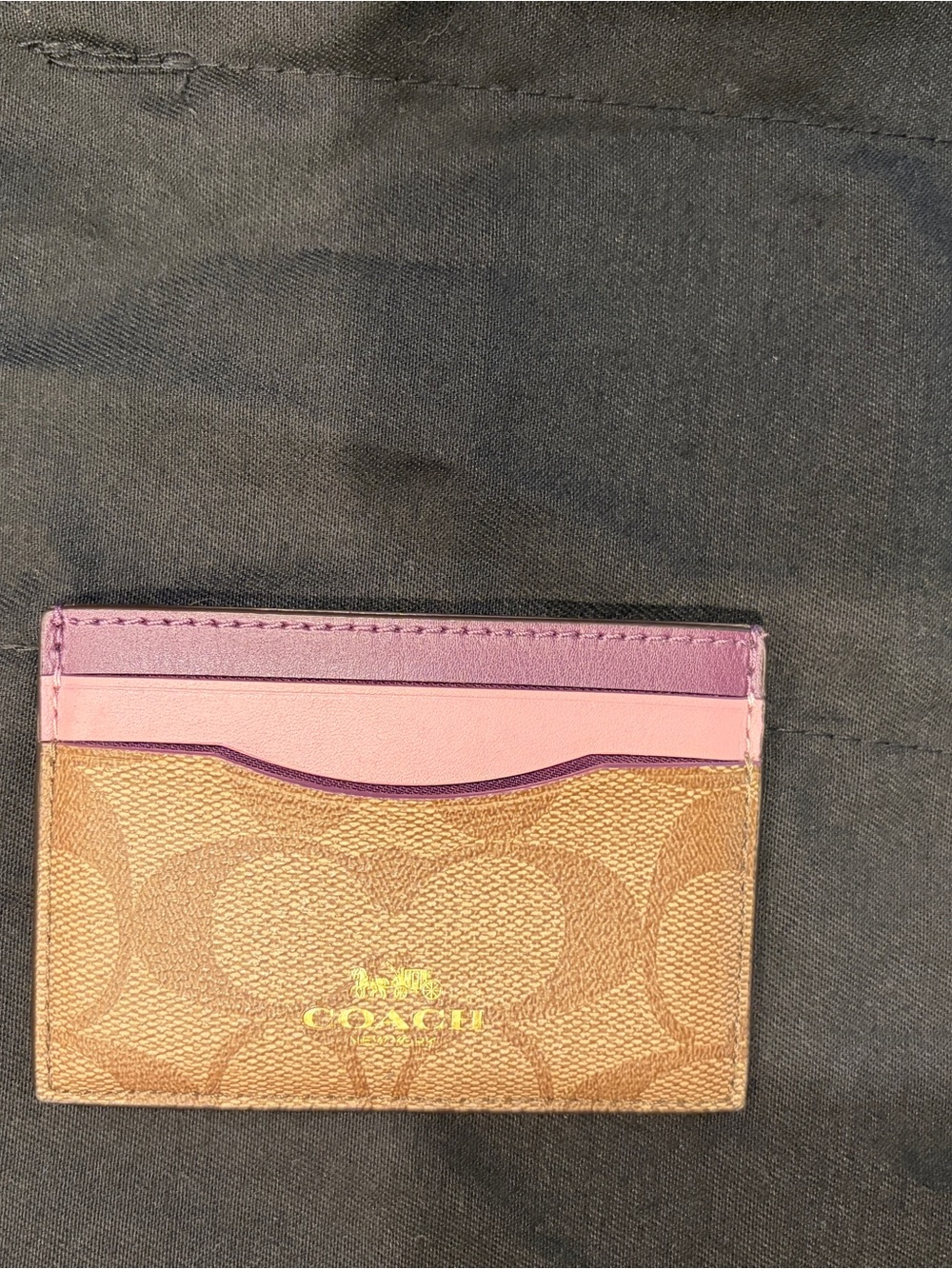 Coach Signature Canvas Card Case in Tan , Pink and Purple